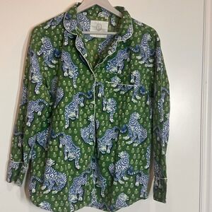 Printfresh Green Tiger-Print Pajama Top in Blue and White
